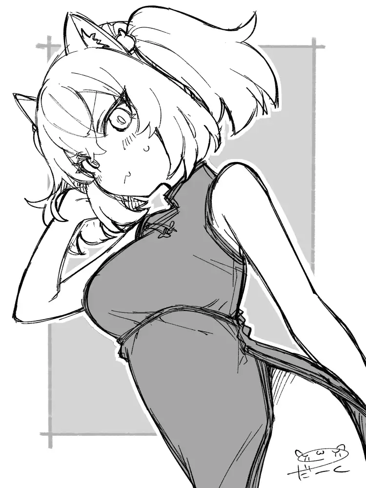 『私を養って！勇者さま』よりミャオ。チャイナ服をきて、髪をかきあげながらこちらを膨れ面で目を向けてくる