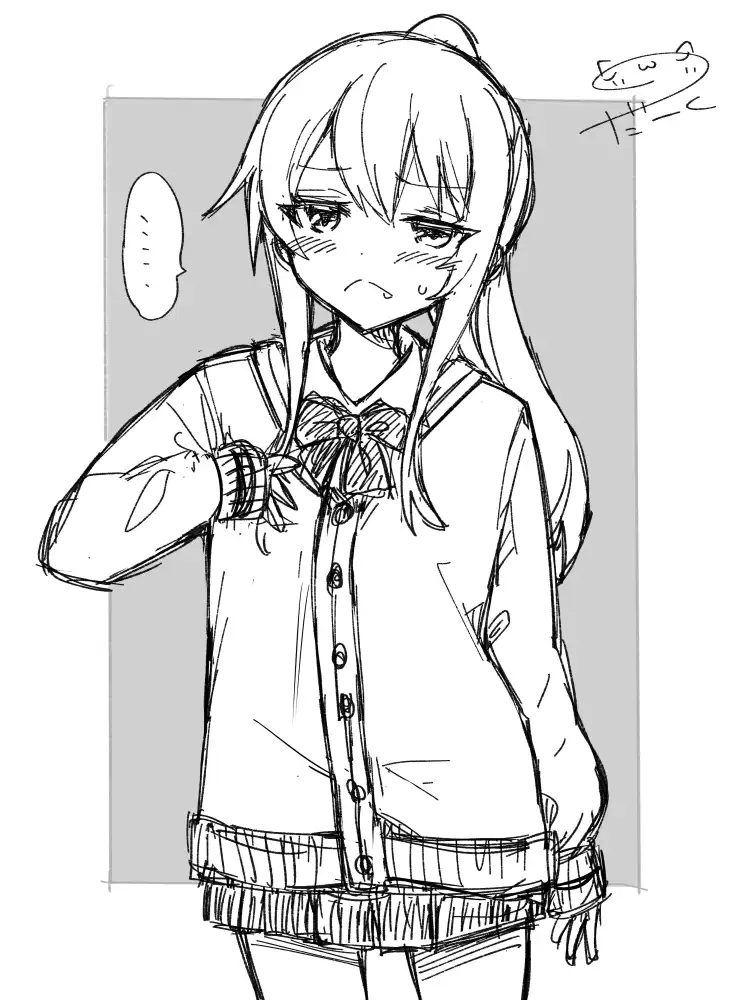 『一人暮らし、熱を出す。恋を知る。』より桃香。ポニテで制服を着る照れ顔の、八重歯の女の子