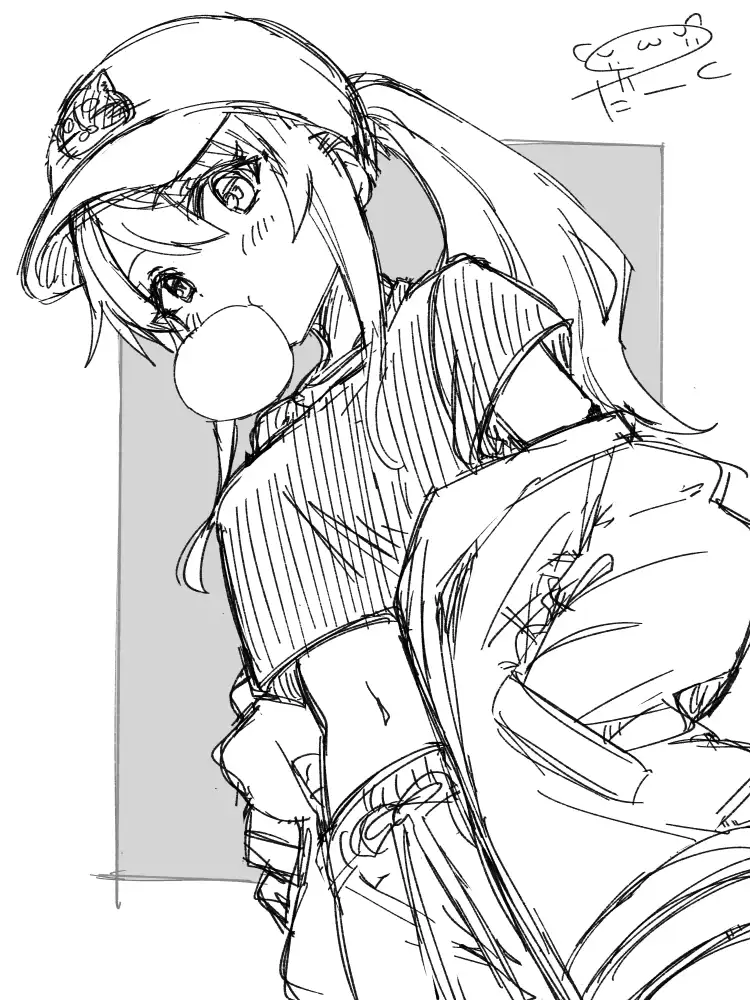 帽子を被ってチューイングガムをふくらませている、ストリート系の格好をした女の子