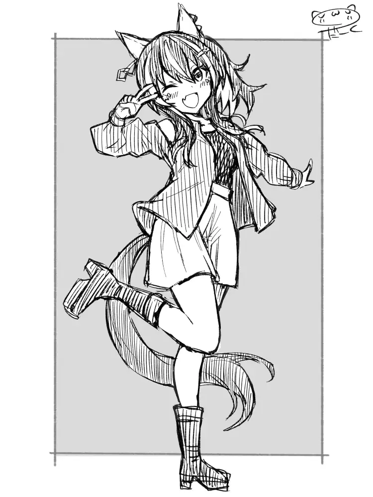 『ウマ娘 プリティダービー』よりダイタクヘリオス。普段とは違う私服を着てウインクをしながらポーズを取っている、立ち絵風