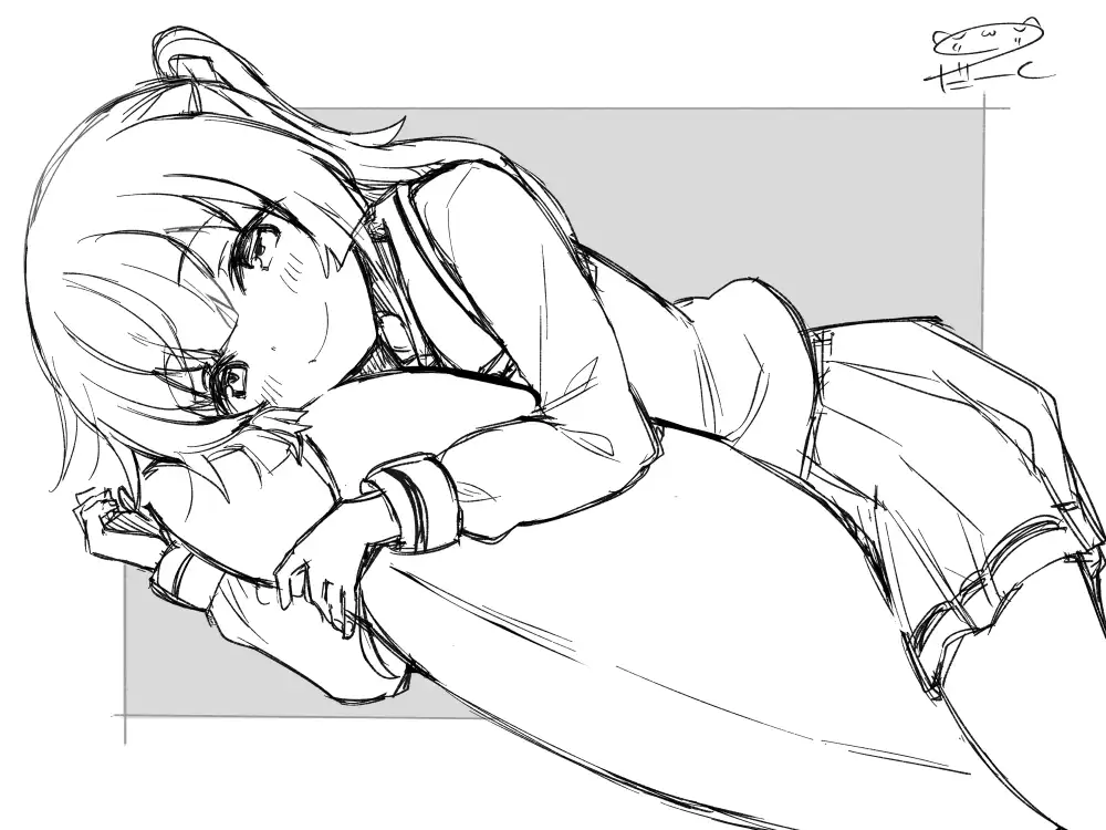 『抱き枕とは結婚できない』より、布子ちゃんが抱き枕を抱いて横になっている女の子