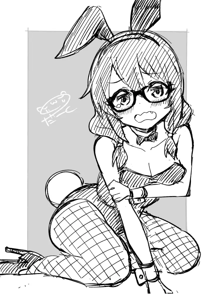 『一人暮らし、熱を出す。恋を知る。』より橘優羽。バニースーツを着て、涙目で恥ずかしがっている