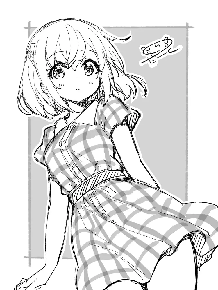 前留めボタンのチェックワンピースを着たショートヘアの女の子がはにかんでいる