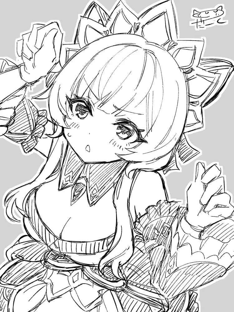 『原神』よりサンドローネ。猫耳カチューシャをつけて猫ポーズを取って、少し恥ずかしそうにこちらに目を向ける