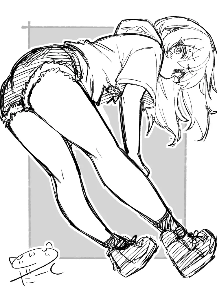 前屈状態でお尻が強調された、ホットパンツとパーカーを着ている女の子が、少し恥ずかしそうに振り向いている