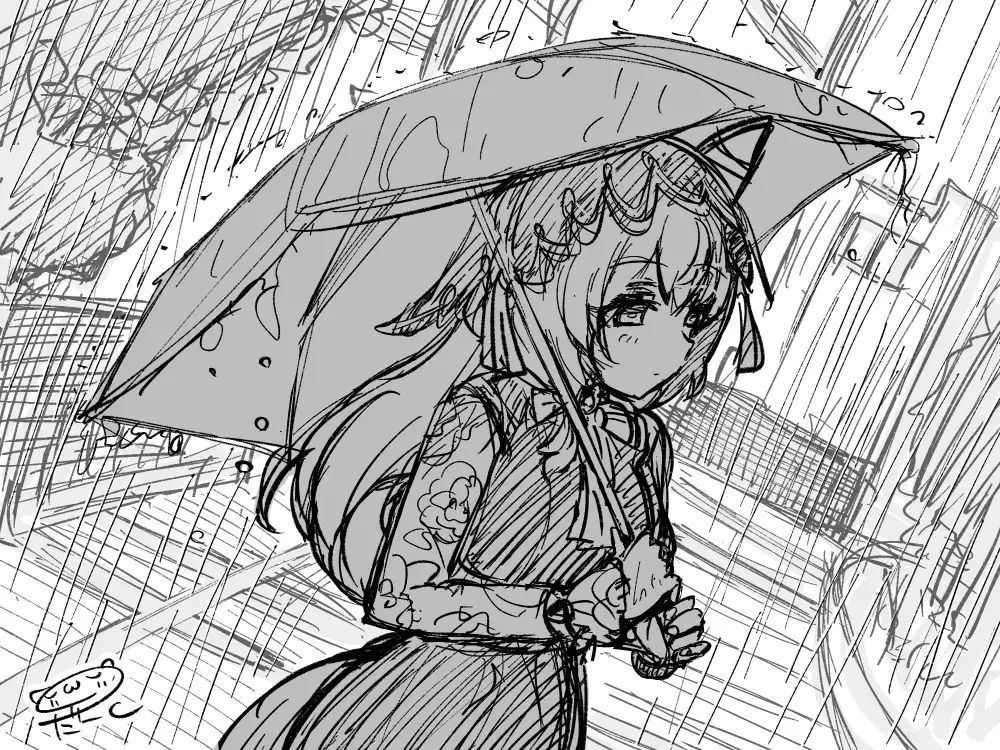 『ウマ娘 プリティダービー』よりスティルインラブ。雨の中傘をさし、少しうつむきながらトレーナーを待っている