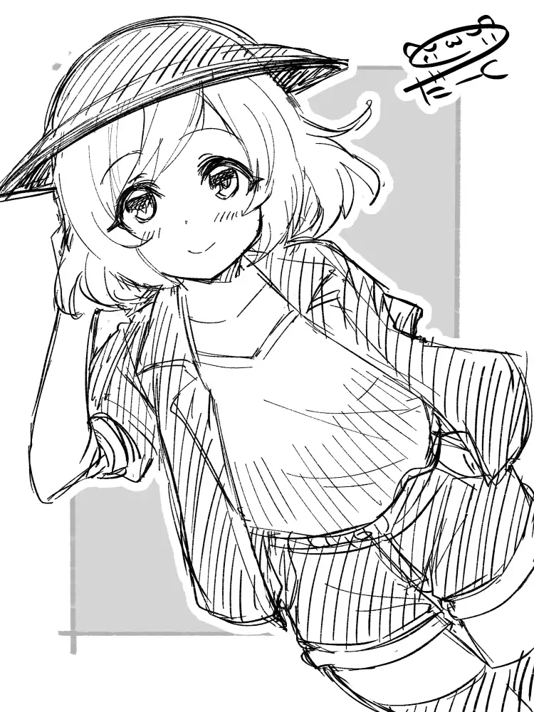 迷惑メールで出逢えたら　より、月島信美。帽子とシャツ姿で微笑む表情をしながら、手で帽子をを支えている。