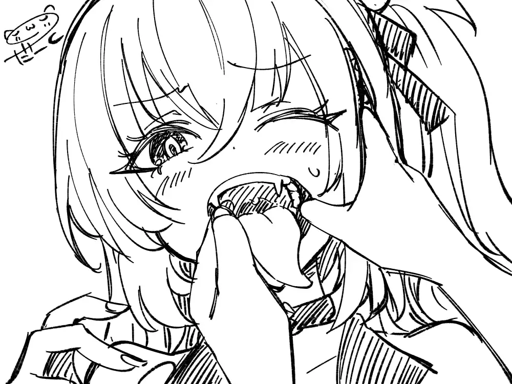 ゼンレスゾーンゼロ』よりシーシィア。片目を閉じ、照れた表情。プロキシの手で口元を開かれ歯のチェックをされている。