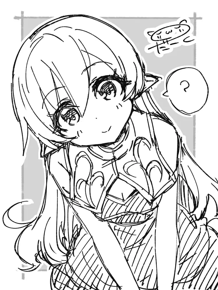 『私を養って！勇者さま』　よりシーシア。エルフ服を着用し、疑問を浮かべつつ微笑みながら優しい表情で、こちらを覗き込んでいる