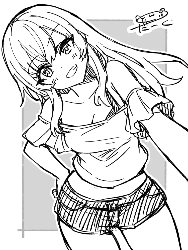 ギャル。オフショルダーのトップスとショートパンツ姿、不敵な笑顔でこちらを覗き込んでいる