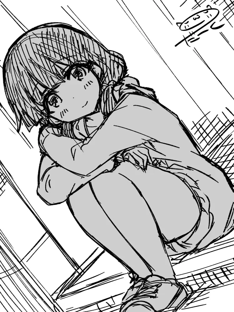 膝を抱えてこちらを優しく見つめる女の子。