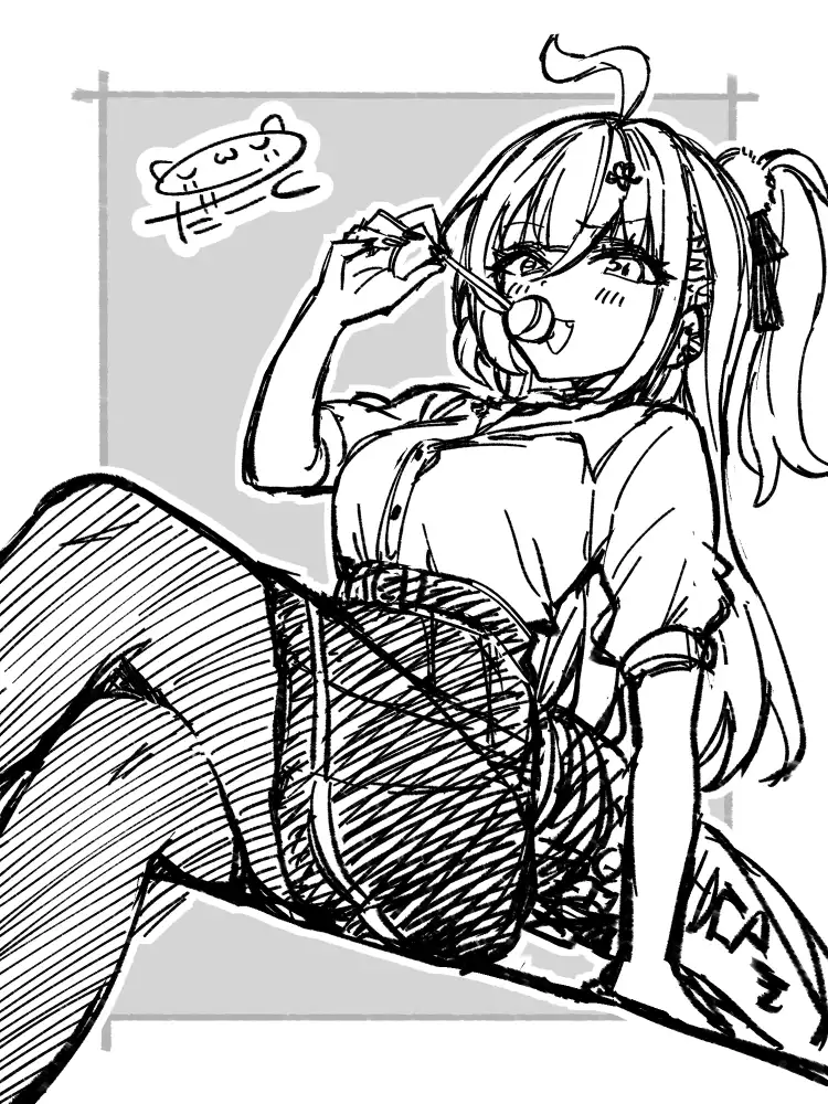 ゼンレスゾーンゼロ（ゼンゼロ）よりシーシィア。エレンの制服を来て、足を組み、キャンディを舐めながらこちらを挑発的な目で見つめる。