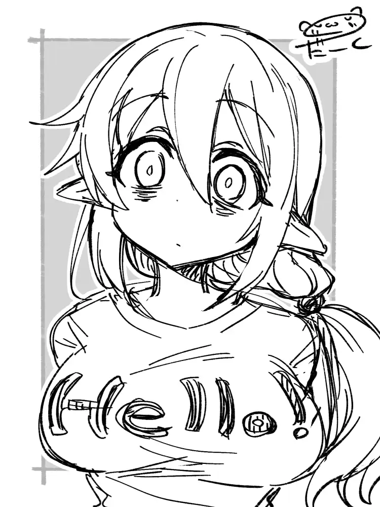 『私を養って！勇者さま』　より、リラ。Hello!」と書かれたTシャツを着て虚ろげな表情をし、正面を見つめる。