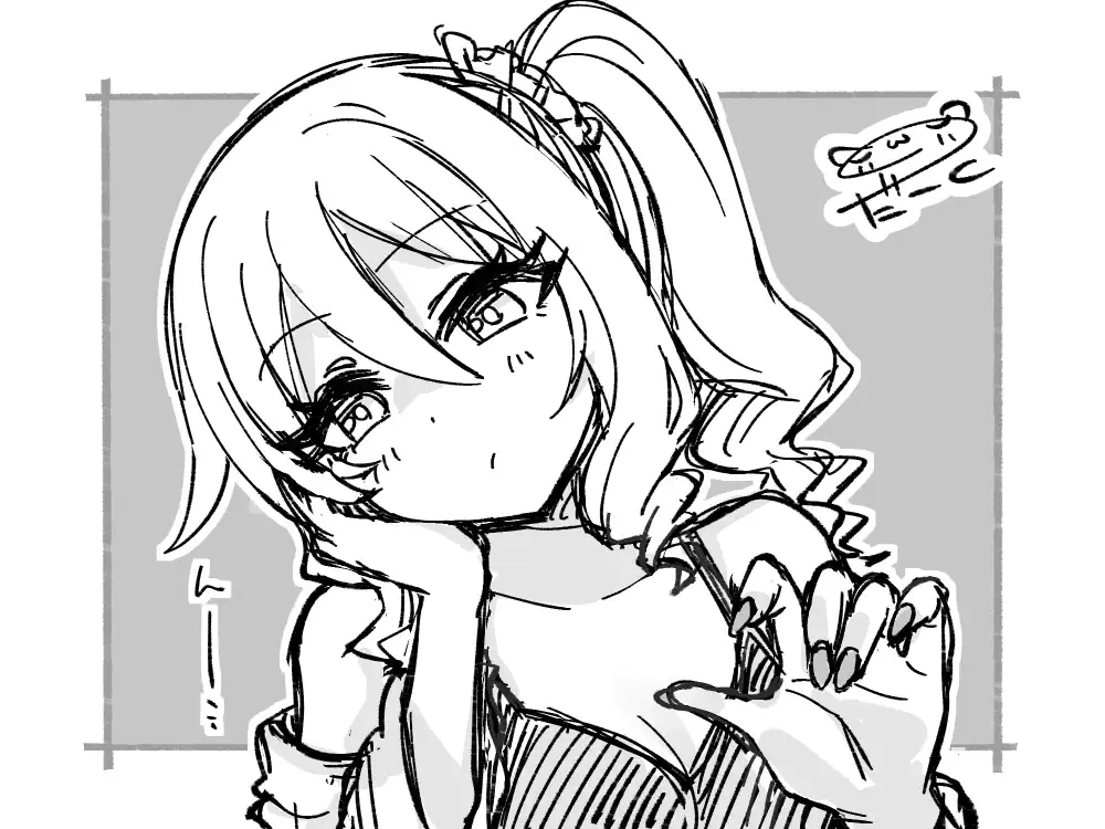 『私を養って！勇者さま』　よりハカセ。黒いキャミソール姿にホットパンツを着用し、白衣を羽織っている。画面を見つめながら、頬杖をつき、考えている。